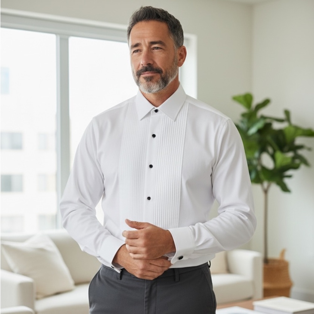 Bellissimo Men's Tuxedo Shirt, Sz Lg, Slim Fit, Pleated Front, French Cuffs